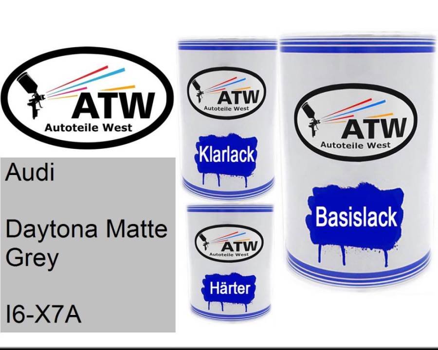 Audi, Daytona Matte Grey, I6-X7A: 500ml Lackdose + 500ml Klarlack + 250ml Härter - Set, von ATW Autoteile West.